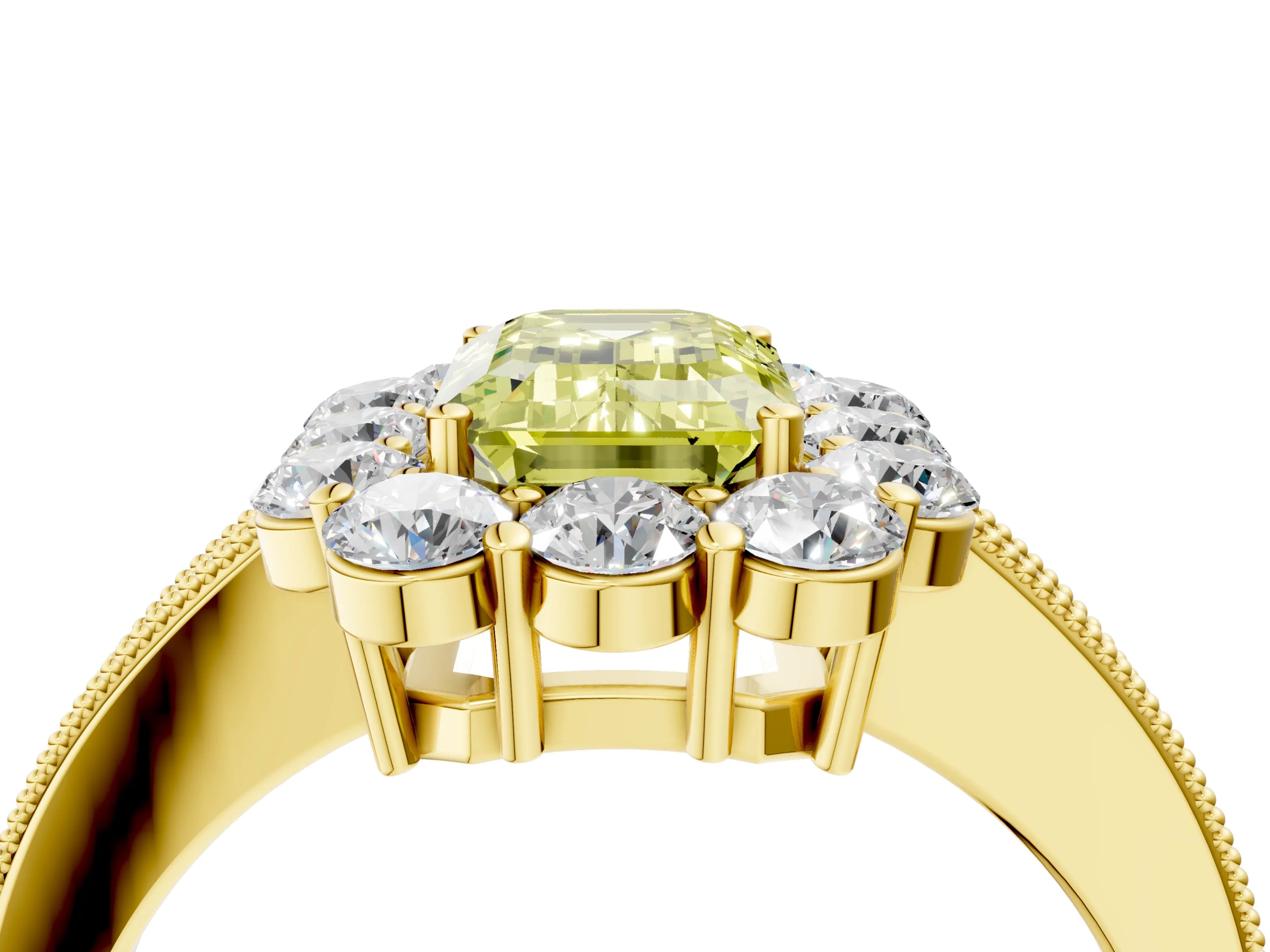Yellow gold Fancy Yellow Emerald Cut Cut Halo Diamond Pavé Engagement Ring with Milgrain Detailing_4