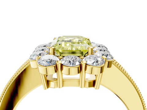 Yellow gold Fancy Yellow Emerald Cut Cut Halo Diamond Pavé Engagement Ring with Milgrain Detailing_4