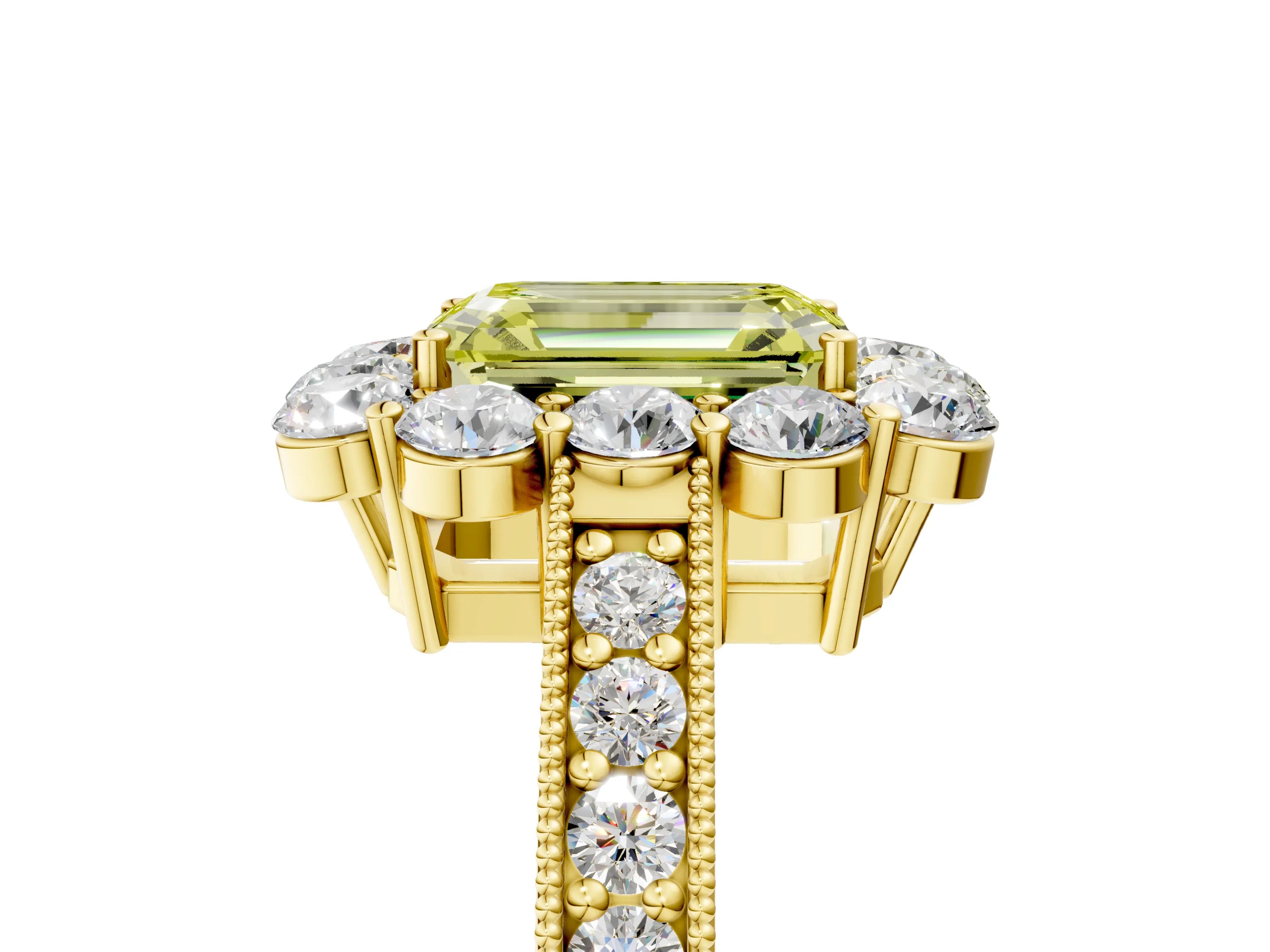 Yellow gold Fancy Yellow Emerald Cut Cut Halo Diamond Pavé Engagement Ring with Milgrain Detailing_5