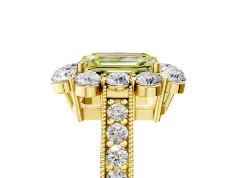 Yellow gold Fancy Yellow Emerald Cut Cut Halo Diamond Pavé Engagement Ring with Milgrain Detailing_5