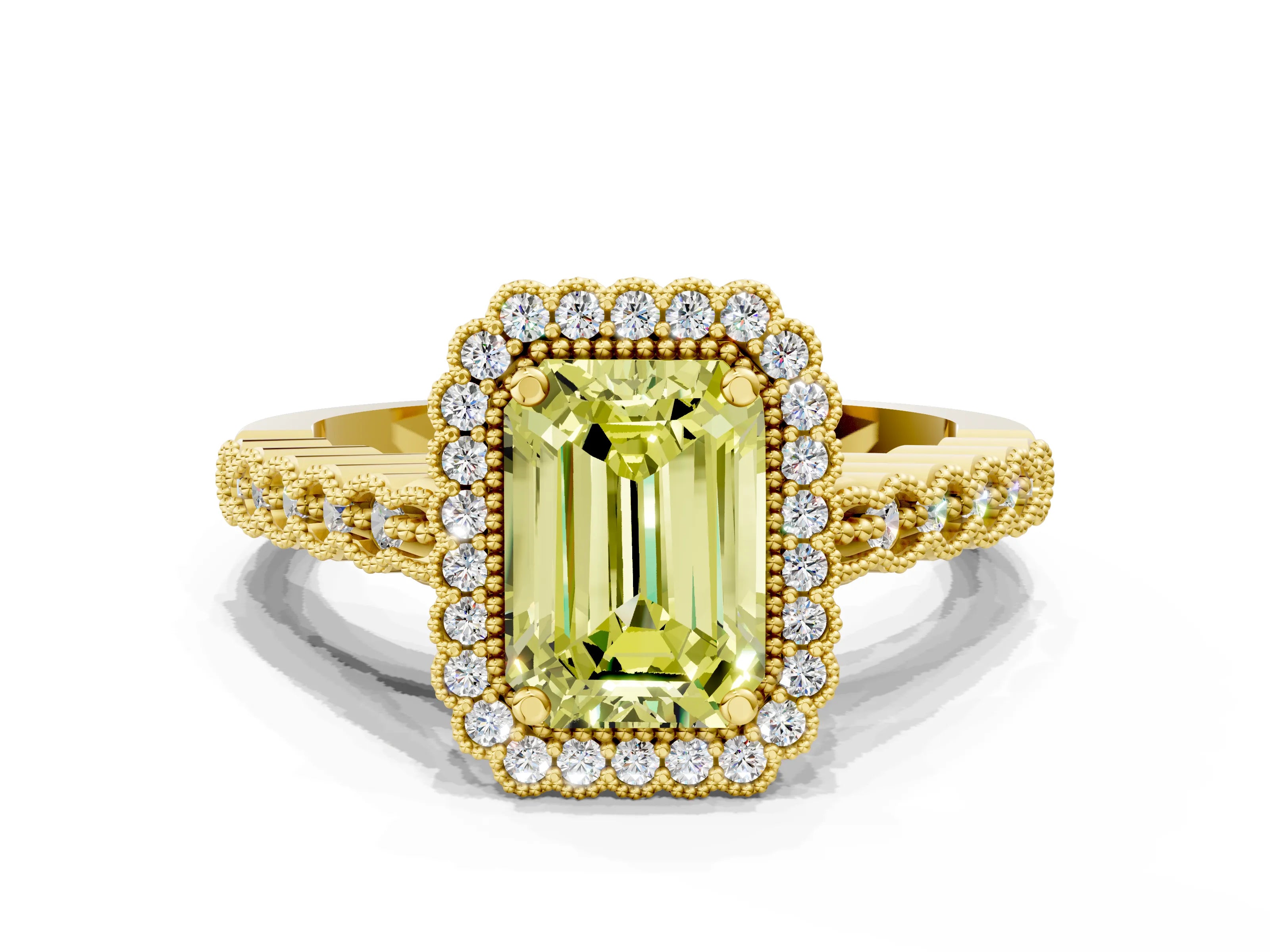 Yellow gold Fancy Yellow Emerald Cut Cut Halo Pavé Solitaire Ring with Milgrain Band