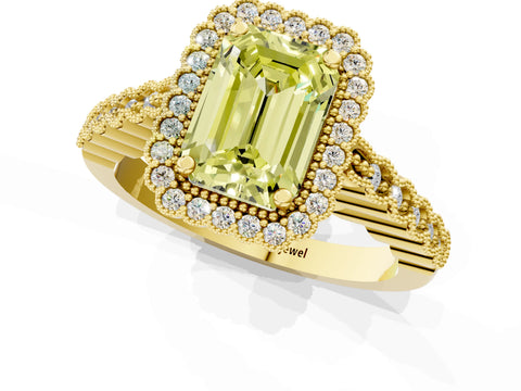 Yellow gold Fancy Yellow Emerald Cut Cut Halo Pavé Solitaire Ring with Milgrain Band_1