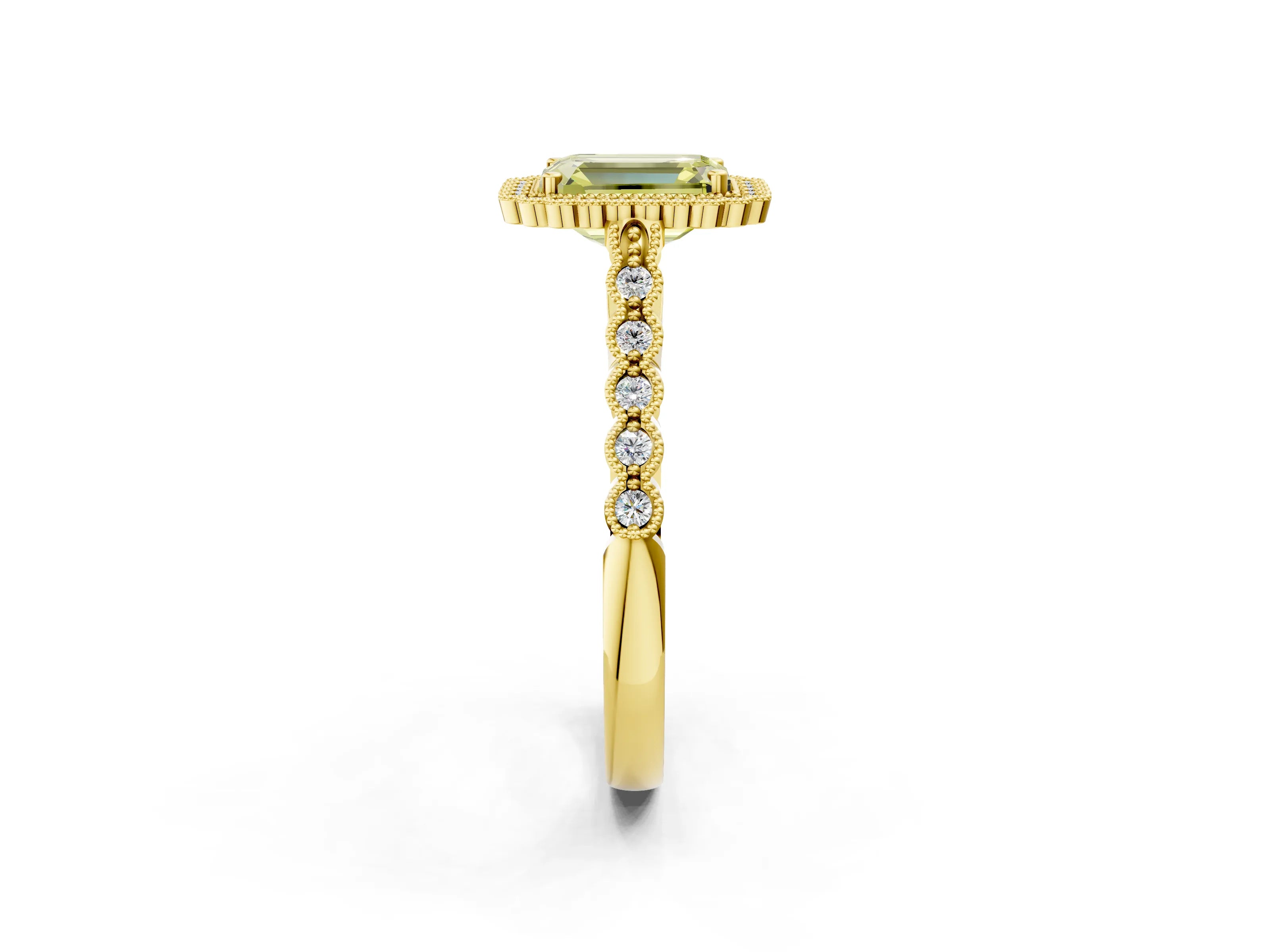 Yellow gold Fancy Yellow Emerald Cut Cut Halo Pavé Solitaire Ring with Milgrain Band_2