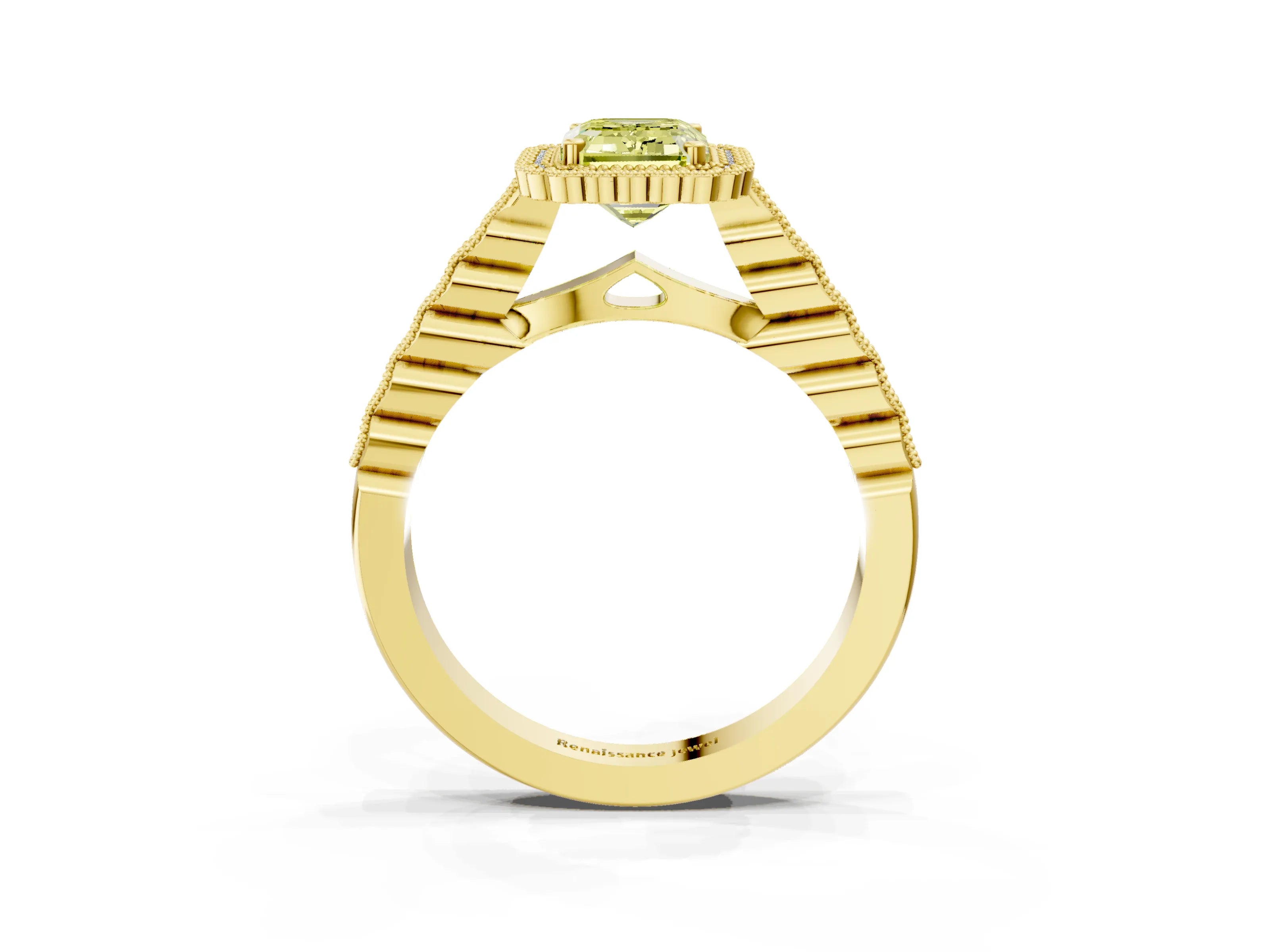 Yellow gold Fancy Yellow Emerald Cut Cut Halo Pavé Solitaire Ring with Milgrain Band_3