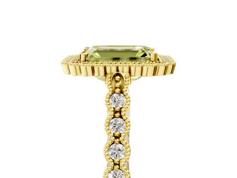 Yellow gold Fancy Yellow Emerald Cut Cut Halo Pavé Solitaire Ring with Milgrain Band_5