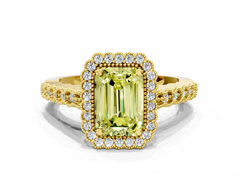 Yellow gold Fancy Yellow Emerald Cut Cut Halo Pavé Solitaire Ring with Milgrain Band