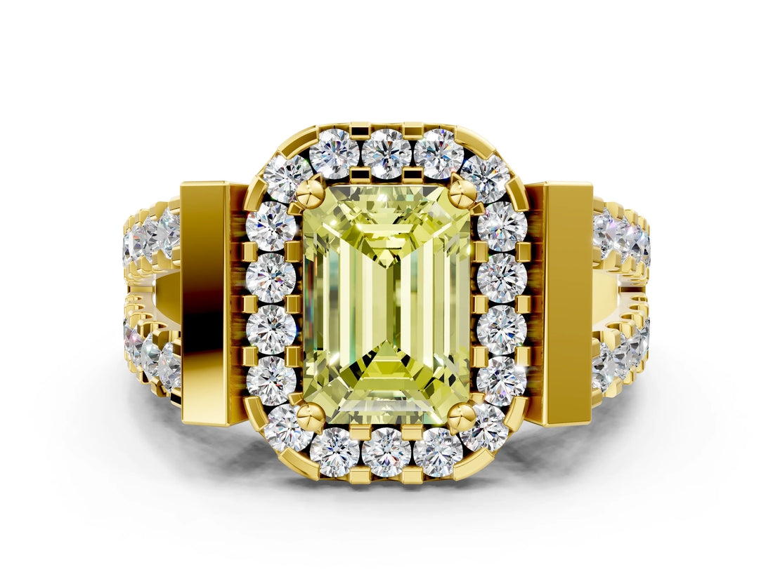 Yellow gold Fancy Yellow Emerald Cut Cut Halo Split Shank Prong Set Ring