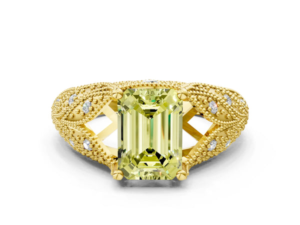 Yellow gold Fancy Yellow Emerald Cut Cut Milgrain Pave Diamond Engagement Ring with Four-Prong Setting