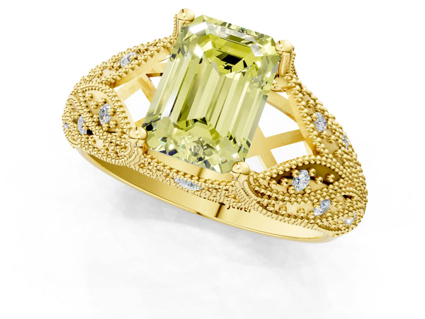 Yellow gold Fancy Yellow Emerald Cut Cut Milgrain Pave Diamond Engagement Ring with Four-Prong Setting