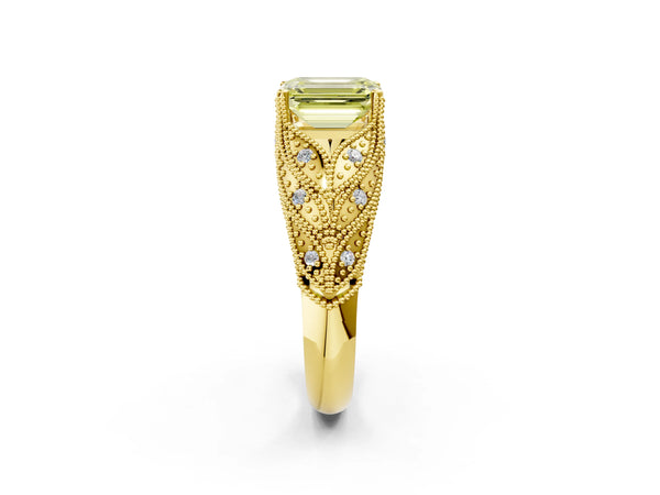 Yellow gold Fancy Yellow Emerald Cut Cut Milgrain Pave Diamond Engagement Ring with Four-Prong Setting