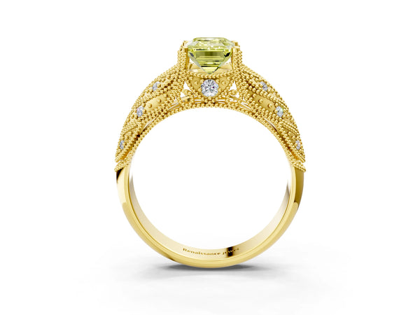 Yellow gold Fancy Yellow Emerald Cut Cut Milgrain Pave Diamond Engagement Ring with Four-Prong Setting