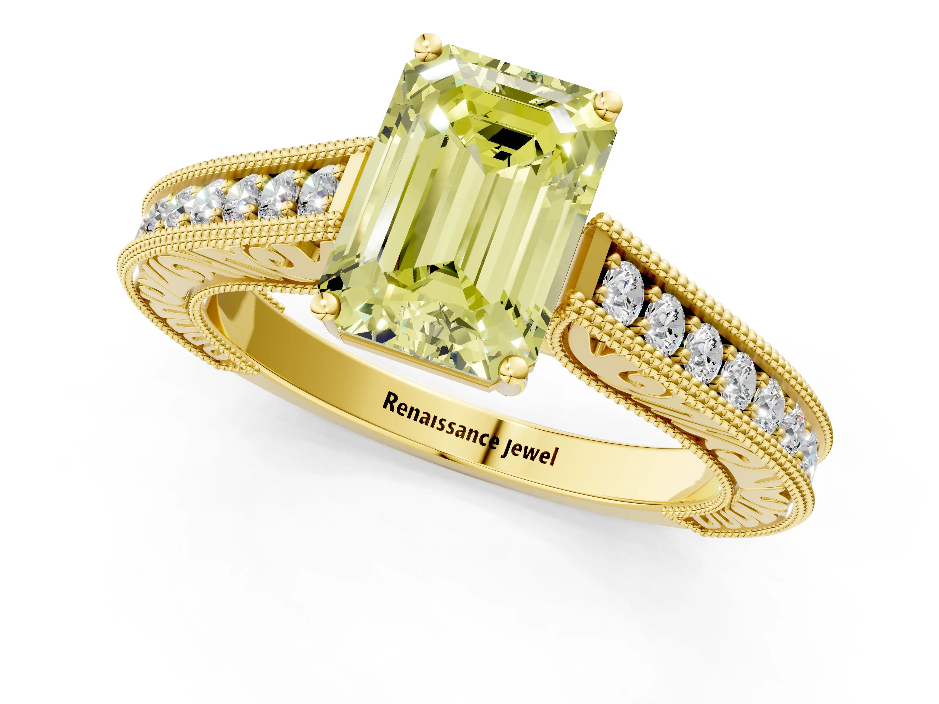 Yellow gold Fancy Yellow Emerald Cut Cut Pave Band Milgrain Solitaire Ring_1