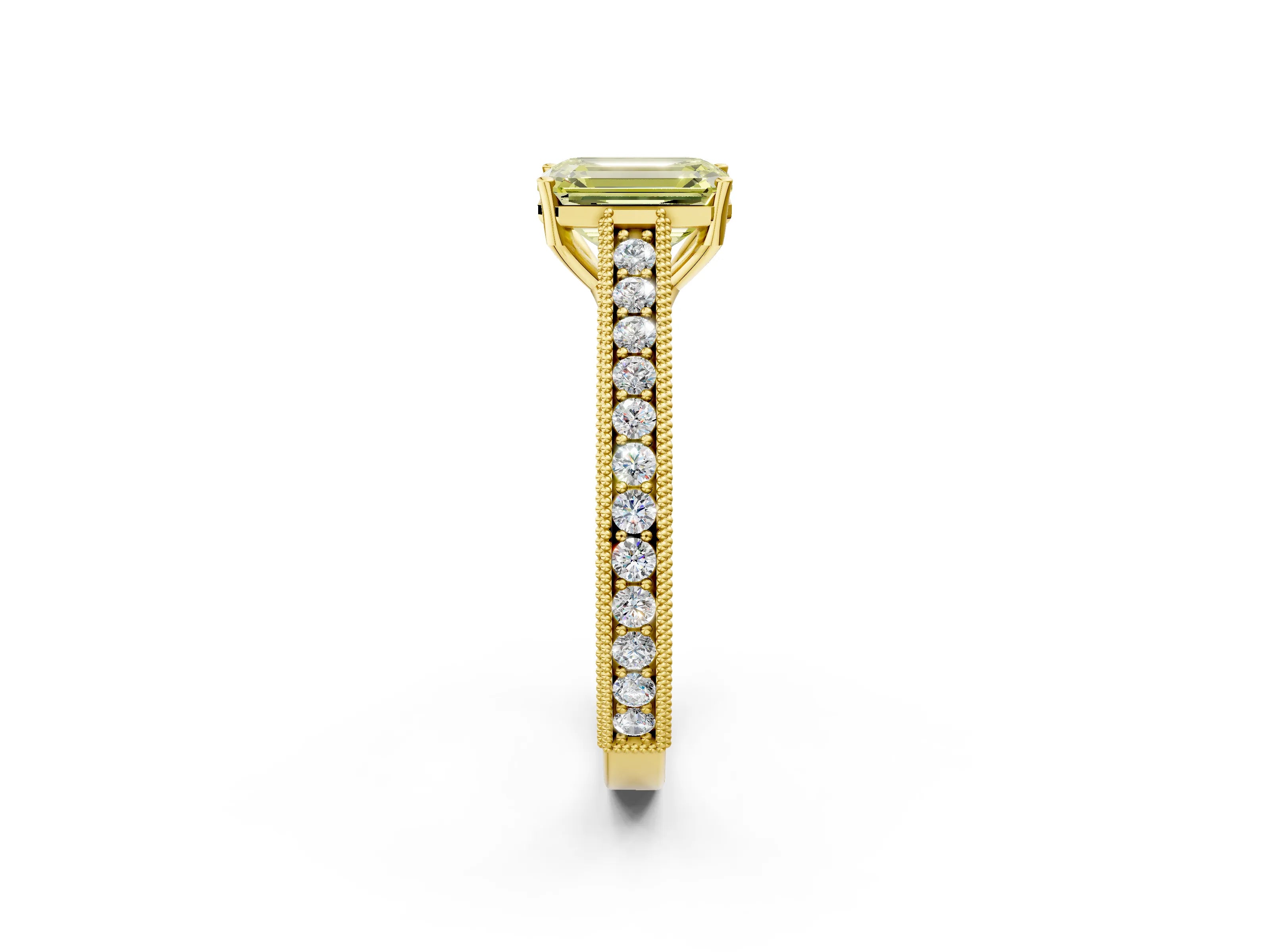 Yellow gold Fancy Yellow Emerald Cut Cut Pave Band Milgrain Solitaire Ring_2