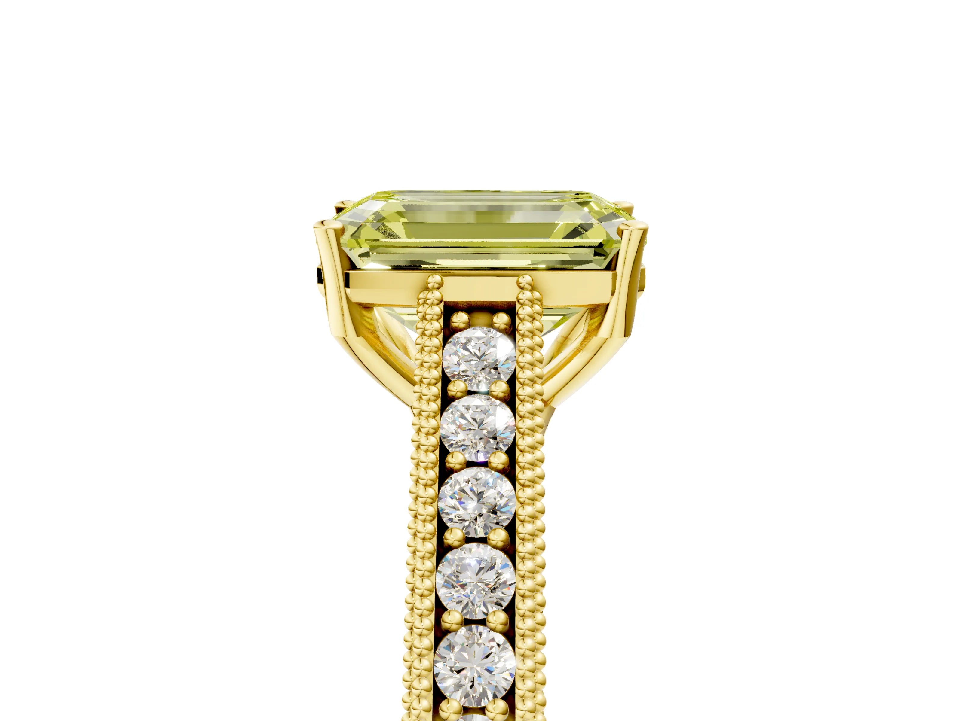 Yellow gold Fancy Yellow Emerald Cut Cut Pave Band Milgrain Solitaire Ring_5