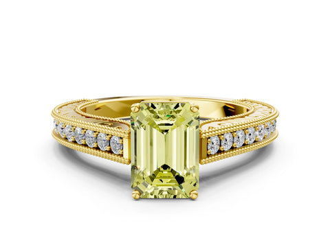 Yellow gold Fancy Yellow Emerald Cut Cut Pave Band Milgrain Solitaire Ring