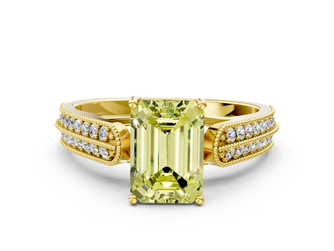 Yellow gold Fancy Yellow Emerald Cut Cut Pave Split Shank Engagement Ring with Four-Prong Setting