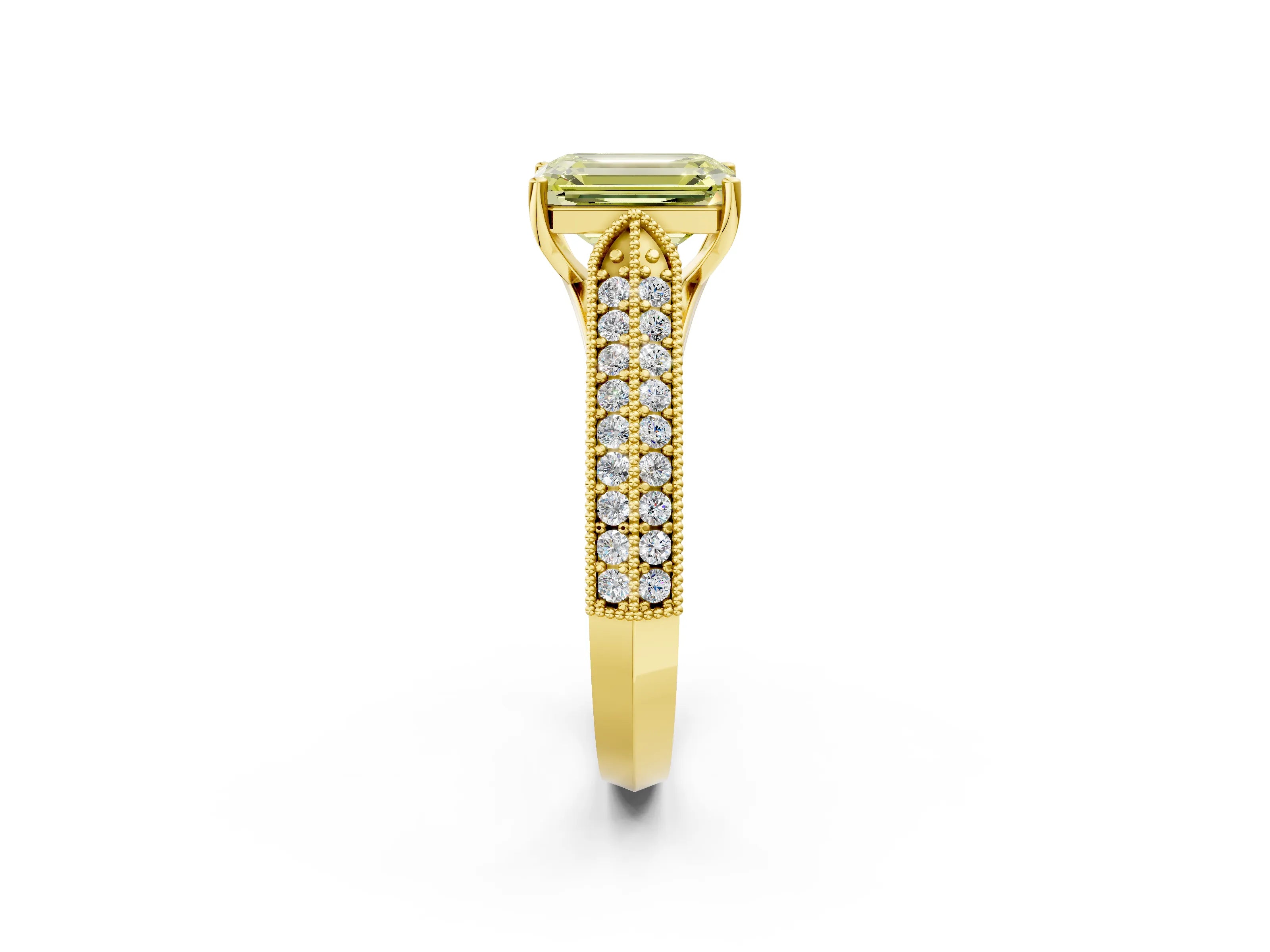 Yellow gold Fancy Yellow Emerald Cut Cut Pave Split Shank Engagement Ring with Four-Prong Setting_2