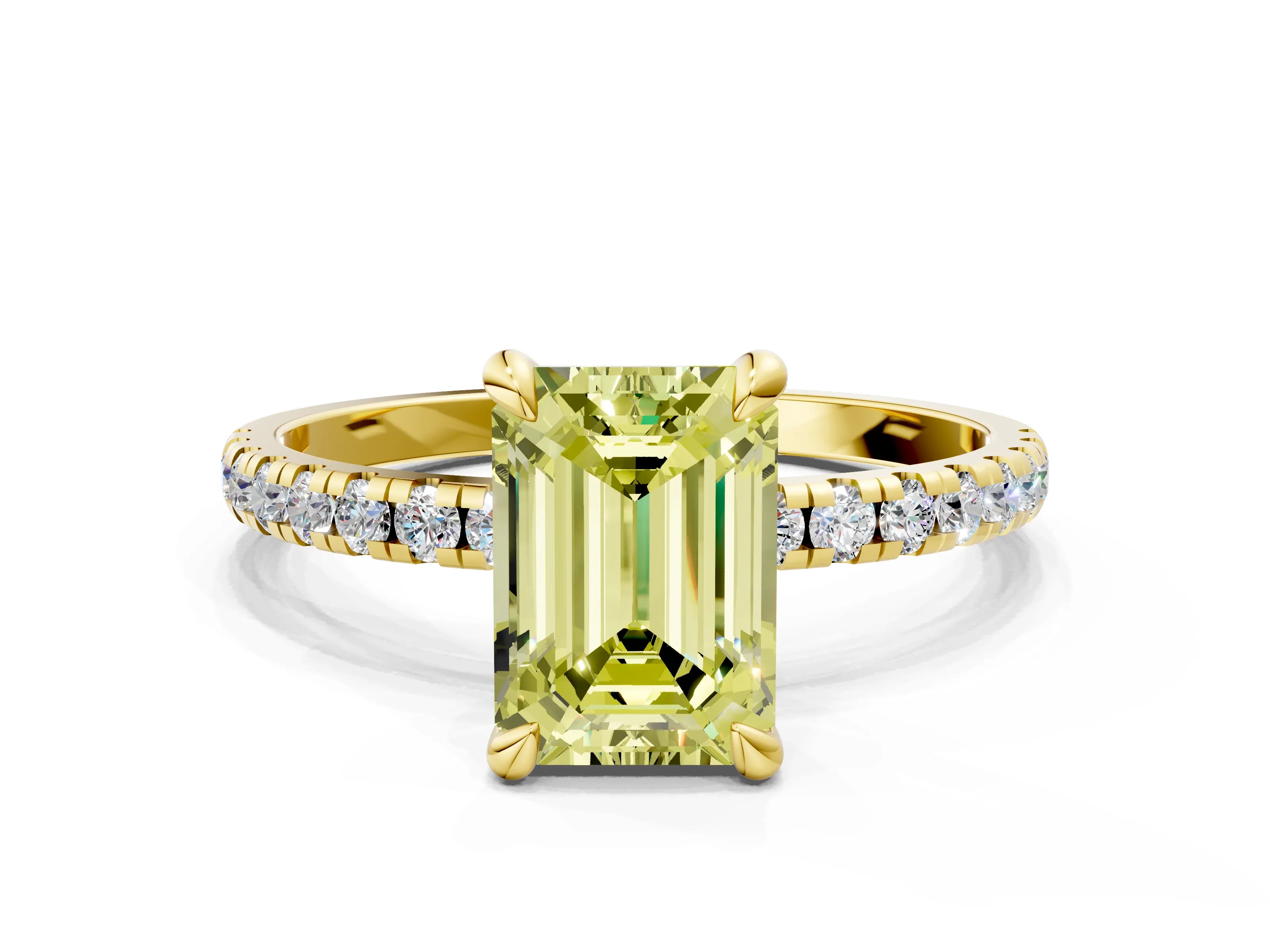 Yellow gold Fancy Yellow Emerald Cut Diamond Brilliant Solitaire Ring with Pavé Band and Four-Prong Setting