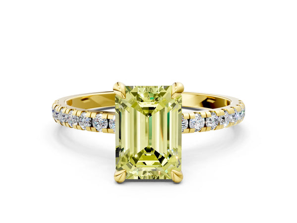 Yellow gold Fancy Yellow Emerald Cut Diamond Brilliant Solitaire Ring with Pavé Band and Four-Prong Setting