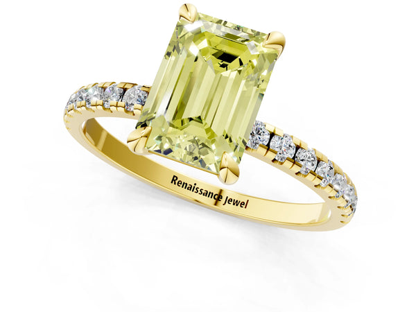 Yellow gold Fancy Yellow Emerald Cut Diamond Brilliant Solitaire Ring with Pavé Band and Four-Prong Setting
