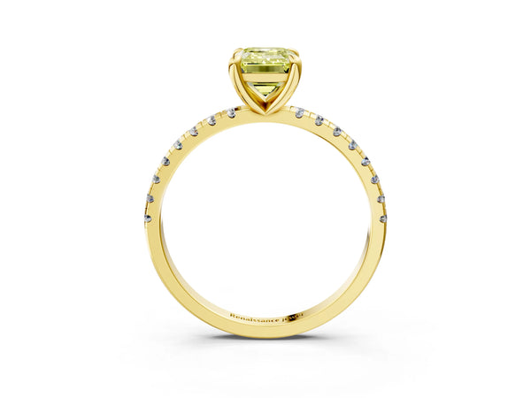 Yellow gold Fancy Yellow Emerald Cut Diamond Brilliant Solitaire Ring with Pavé Band and Four-Prong Setting