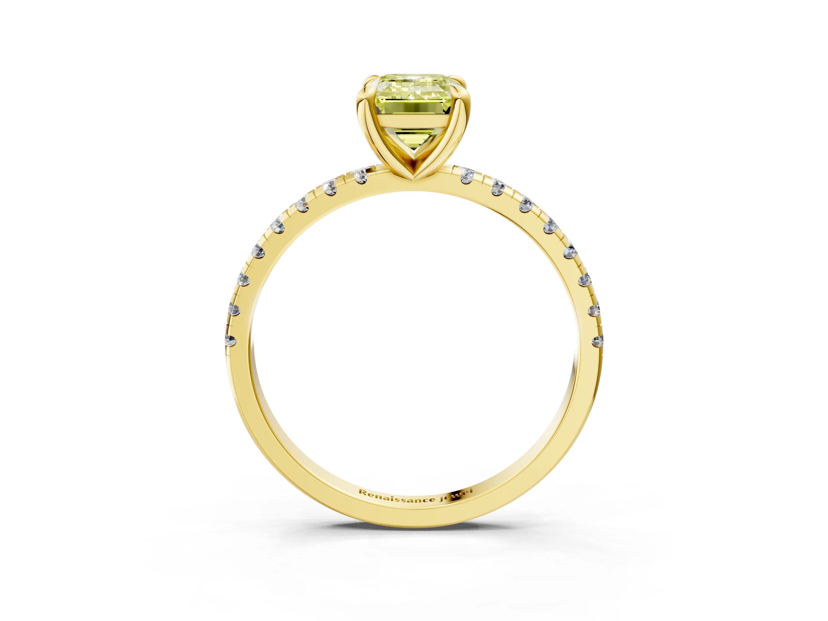Yellow gold Fancy Yellow Emerald Cut Diamond Brilliant Solitaire Ring with Pavé Band and Four-Prong Setting_3