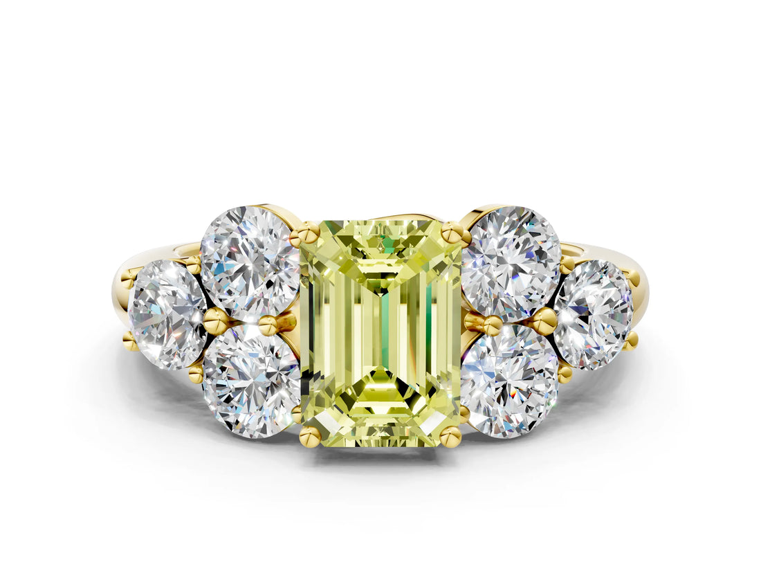 Yellow gold Fancy Yellow Emerald  Cut Diamond Cluster Ring with Round Accent Stones and Prong Setting on a Classic Band_49