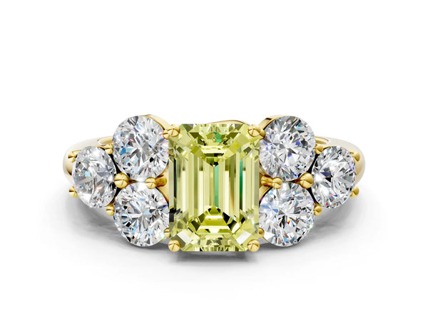 Yellow gold Fancy Yellow Emerald  Cut Diamond Cluster Ring with Round Accent Stones and Prong Setting on a Classic Band