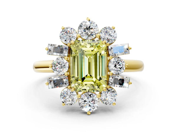 Yellow gold Fancy Yellow Emerald Cut Diamond Cluster Ring with Round and Baguette Stones, Split Shank Band, Prong Setting