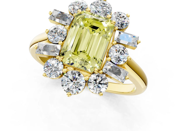 Yellow gold Fancy Yellow Emerald Cut Diamond Cluster Ring with Round and Baguette Stones, Split Shank Band, Prong Setting