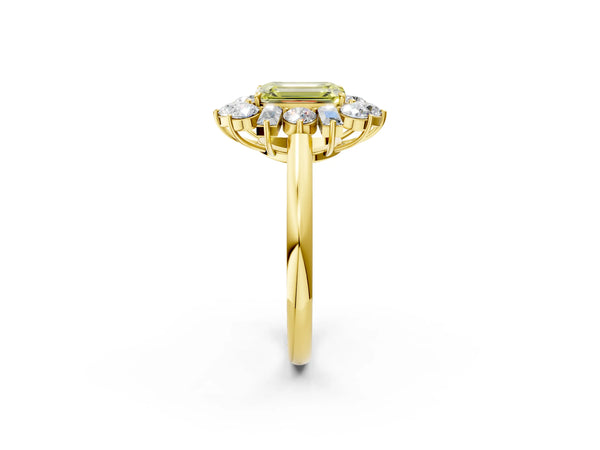 Yellow gold Fancy Yellow Emerald Cut Diamond Cluster Ring with Round and Baguette Stones, Split Shank Band, Prong Setting
