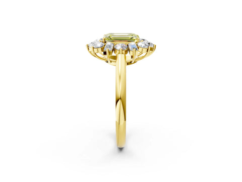 Yellow gold Fancy Yellow Emerald Cut Diamond Cluster Ring with Round and Baguette Stones, Split Shank Band, Prong Setting_2