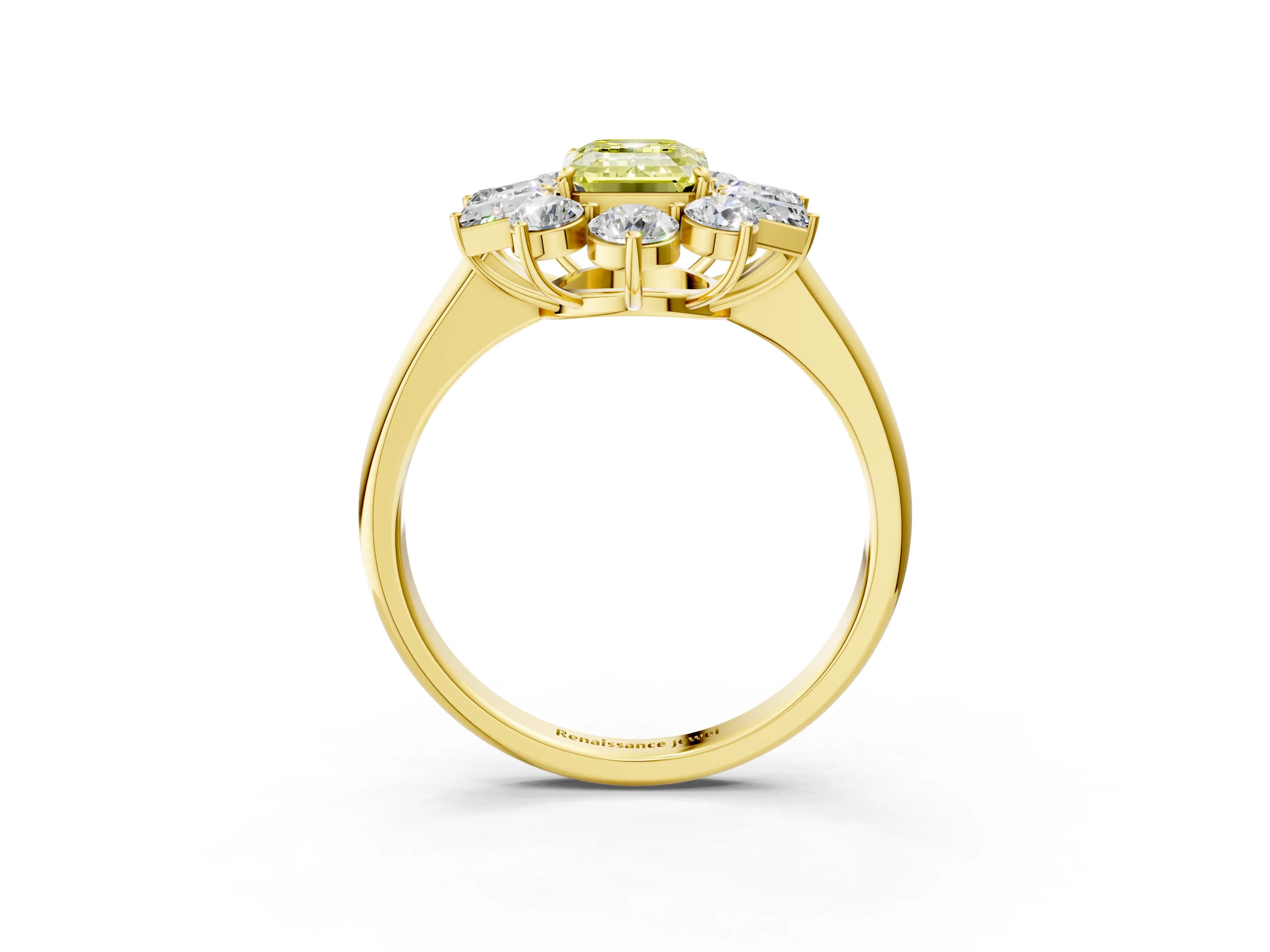 Yellow gold Fancy Yellow Emerald Cut Diamond Cluster Ring with Round and Baguette Stones, Split Shank Band, Prong Setting_3