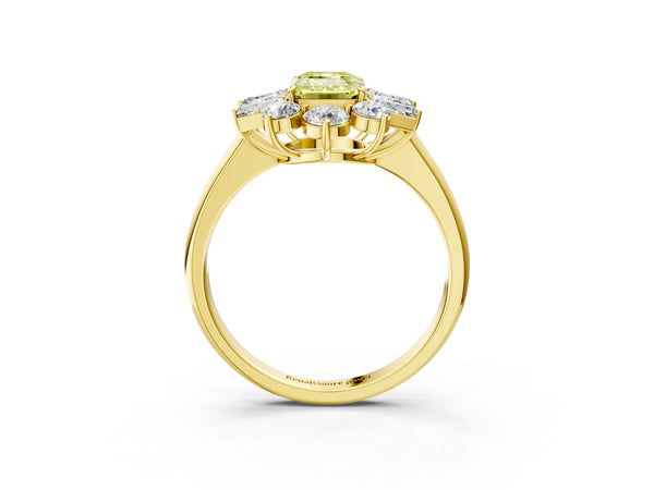 Yellow gold Fancy Yellow Emerald Cut Diamond Cluster Ring with Round and Baguette Stones, Split Shank Band, Prong Setting
