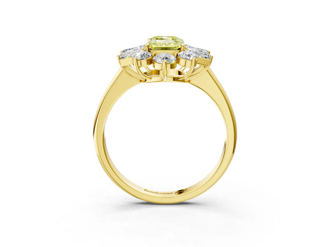 Yellow gold Fancy Yellow Emerald Cut Diamond Cluster Ring with Round and Baguette Stones, Split Shank Band, Prong Setting_3