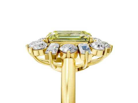 Yellow gold Fancy Yellow Emerald Cut Diamond Cluster Ring with Round and Baguette Stones, Split Shank Band, Prong Setting_5