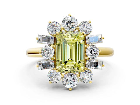 Yellow gold Fancy Yellow Emerald Cut Diamond Cluster Ring with Round and Baguette Stones, Split Shank Band, Prong Setting