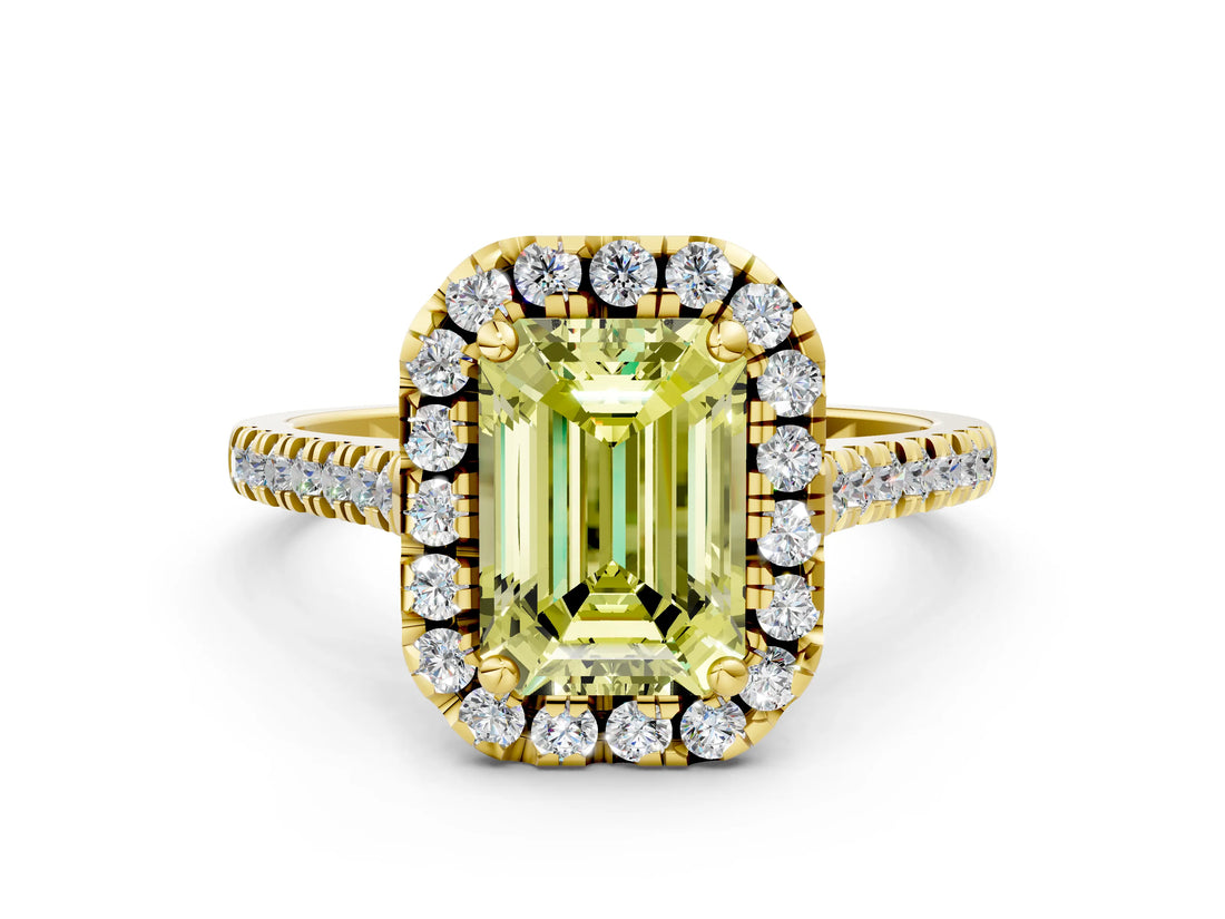 Yellow gold Fancy Yellow Emerald Cut Diamond Cushion Halo Ring with Pavé Band