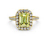 Yellow gold Fancy Yellow Emerald Cut Diamond Cushion Halo Ring with Pavé Band