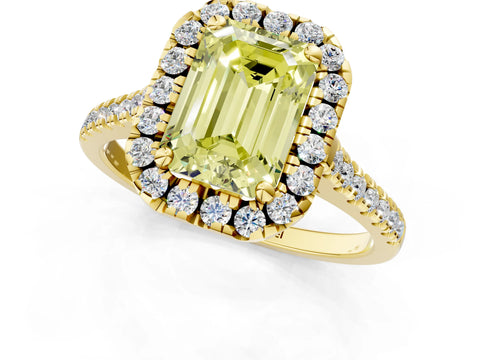 Yellow gold Fancy Yellow Emerald Cut Diamond Cushion Halo Ring with Pavé Band_1