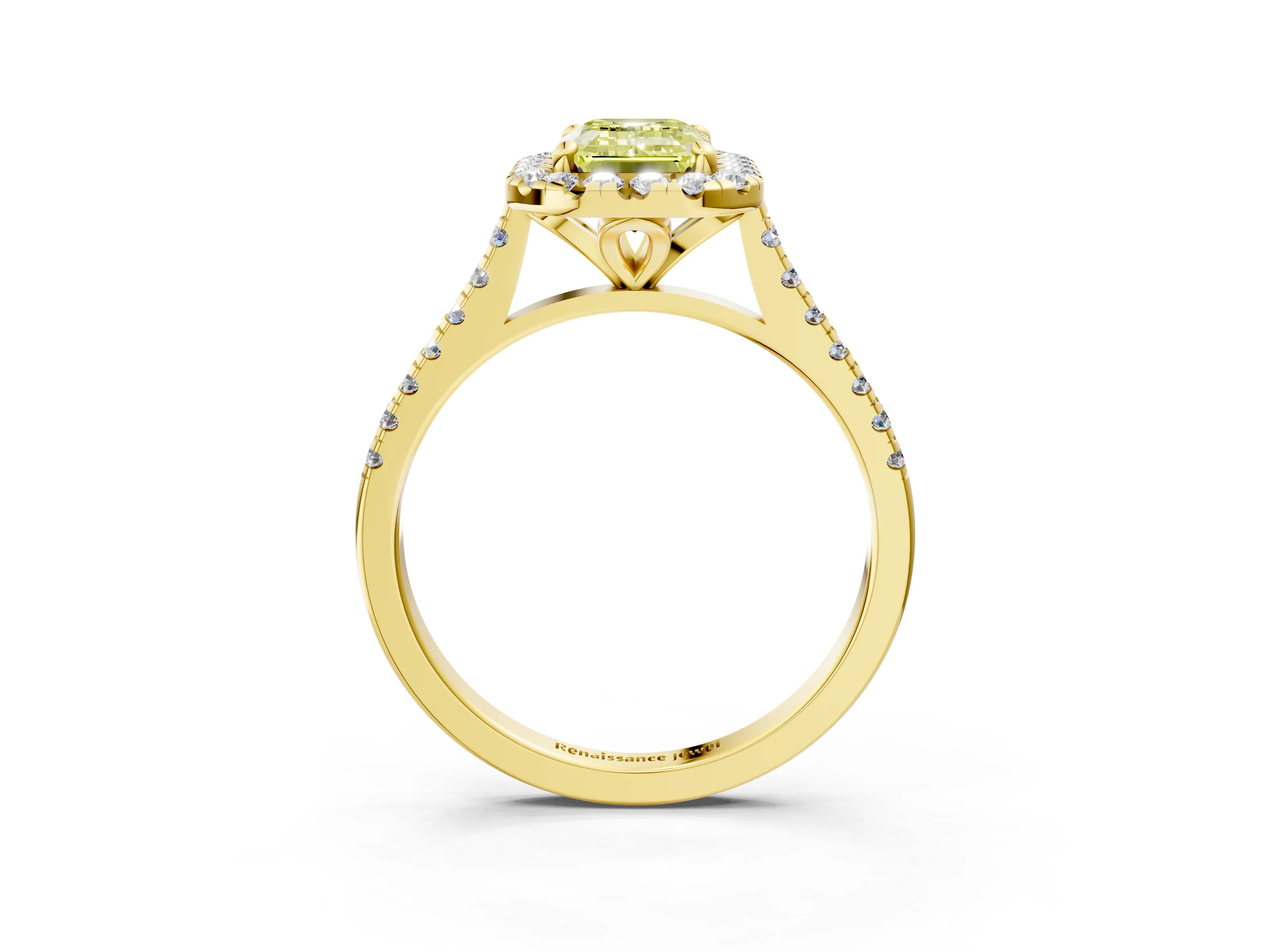 Yellow gold Fancy Yellow Emerald Cut Diamond Cushion Halo Ring with Pavé Band_3