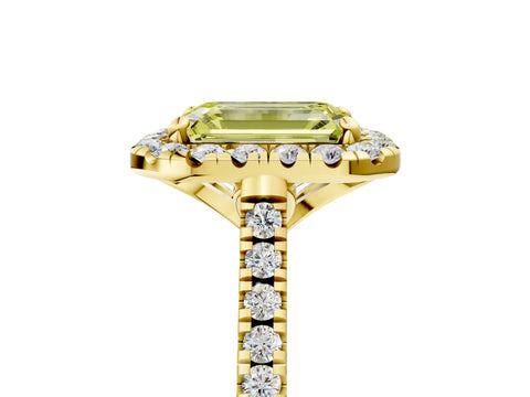 Yellow gold Fancy Yellow Emerald Cut Diamond Cushion Halo Ring with Pavé Band_5