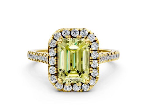 Yellow gold Fancy Yellow Emerald Cut Diamond Cushion Halo Ring with Pavé Band