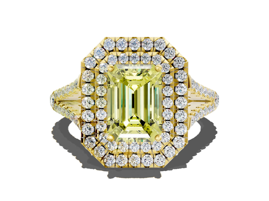 Yellow gold Fancy Yellow Emerald Cut Diamond Double Halo Ring with Pavé Band and Prong Setting_78