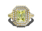 Yellow gold Fancy Yellow Emerald Cut Diamond Double Halo Ring with Pavé Band and Prong Setting_78