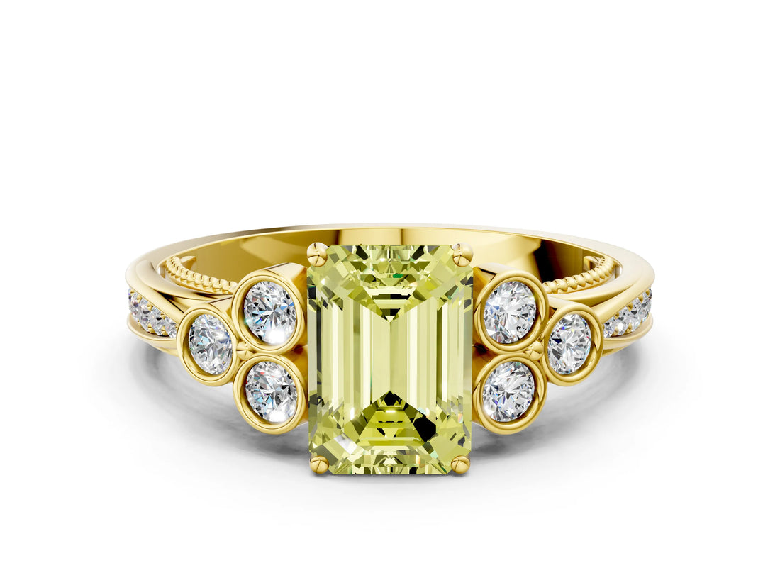 Yellow gold Fancy Yellow Emerald  Cut Diamond Engagement Ring with Bezel Set Round Side Stones and Prong Setting_49