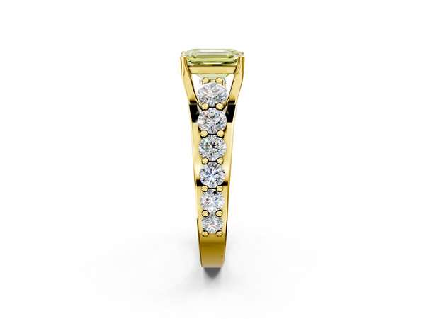Yellow gold Fancy Yellow Emerald Cut Diamond Engagement Ring with Pavé Band and Four-Prong Setting