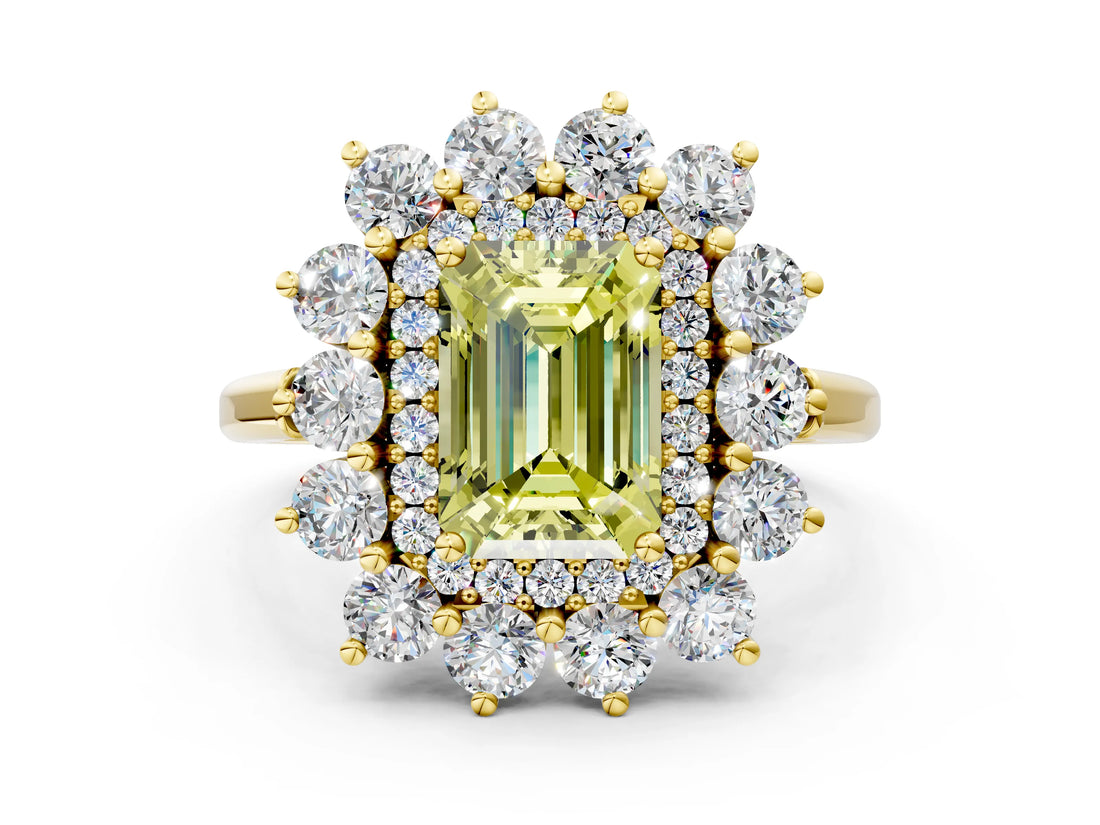 Yellow gold Fancy Yellow Emerald Cut Diamond Floral Double Halo Engagement Ring with Prong Setting_60
