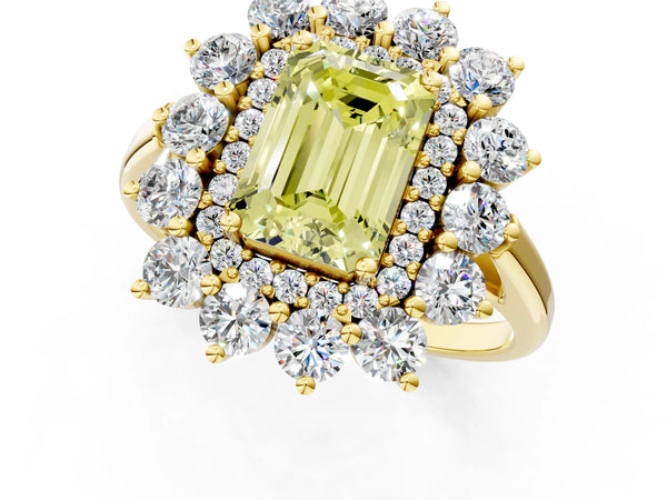 Yellow Gold Emerald Cut Floral Double Halo Engagement Ring Setting for Fancy Yellow Center