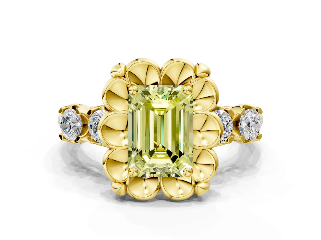 Yellow gold Fancy Yellow Emerald  Cut Diamond Floral Halo Engagement Ring with Shared Prong Setting 2